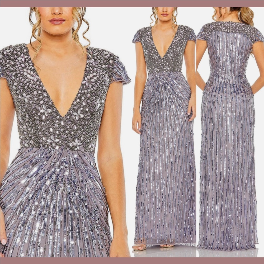 NWT $998 Mac Duggal [ 8 ] V Neck Cap Sleeve Hand Embellished Gown Heather Purple